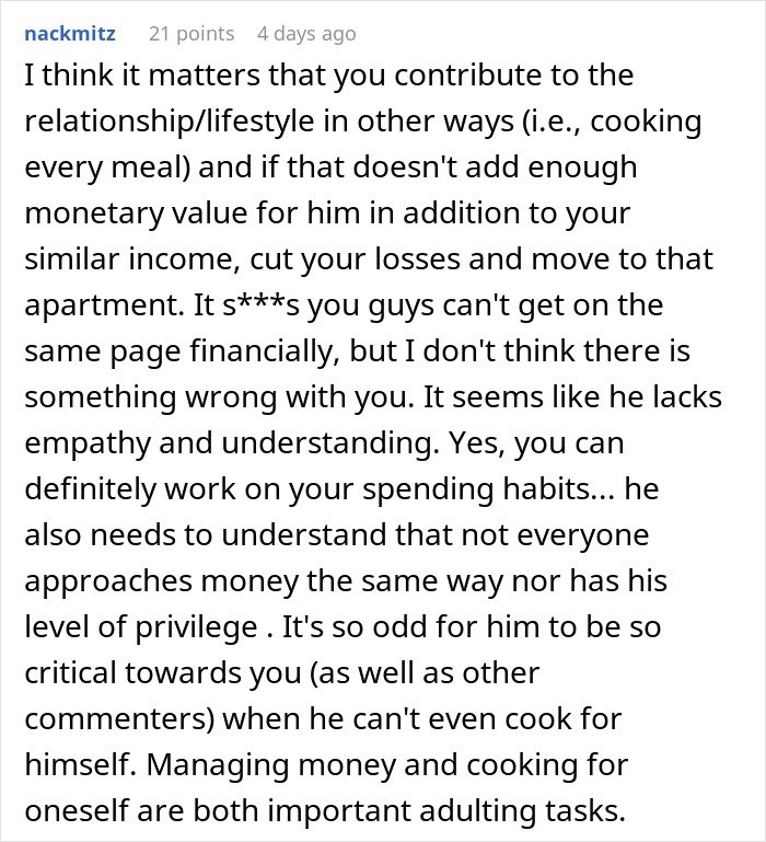 Comment discussing boyfriend giving girlfriend up to a year to fix finances, emphasizing money management and relationship challenges.