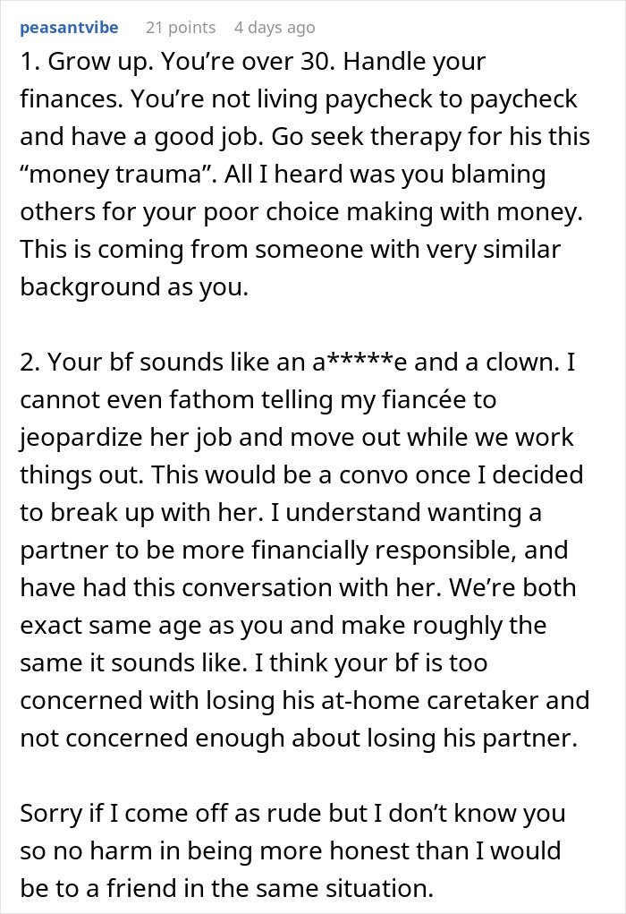 Commenter criticizing boyfriend for giving girlfriend up to a year to fix finances before marriage, discussing financial responsibility.