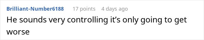 Comment discussing a controlling boyfriend giving his girlfriend up to a year to fix finances or he won’t marry her.