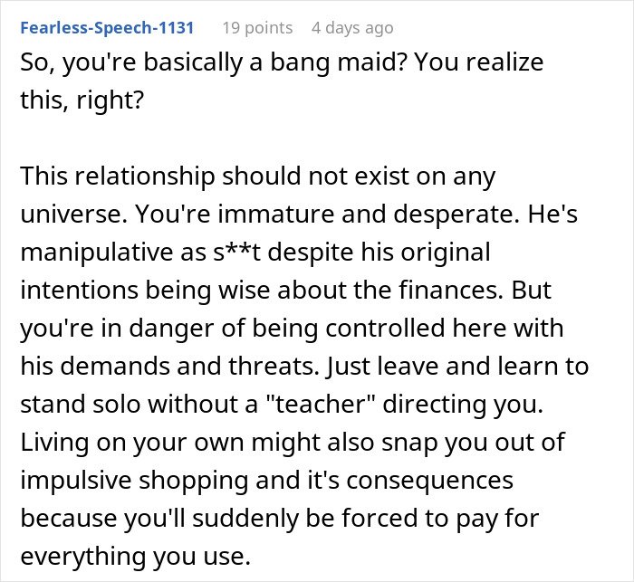 Comment discussing a boyfriend giving his girlfriend up to a year to fix finances before marriage, highlighting control issues.