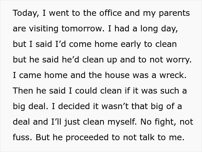 Text on a white background sharing a personal story about a man taking advantage of his wife’s submissive nature and ignoring her efforts.
