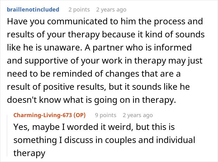 Screenshot of a forum discussion about therapy communication and a partner’s awareness, highlighting submissive nature and standing up for oneself.