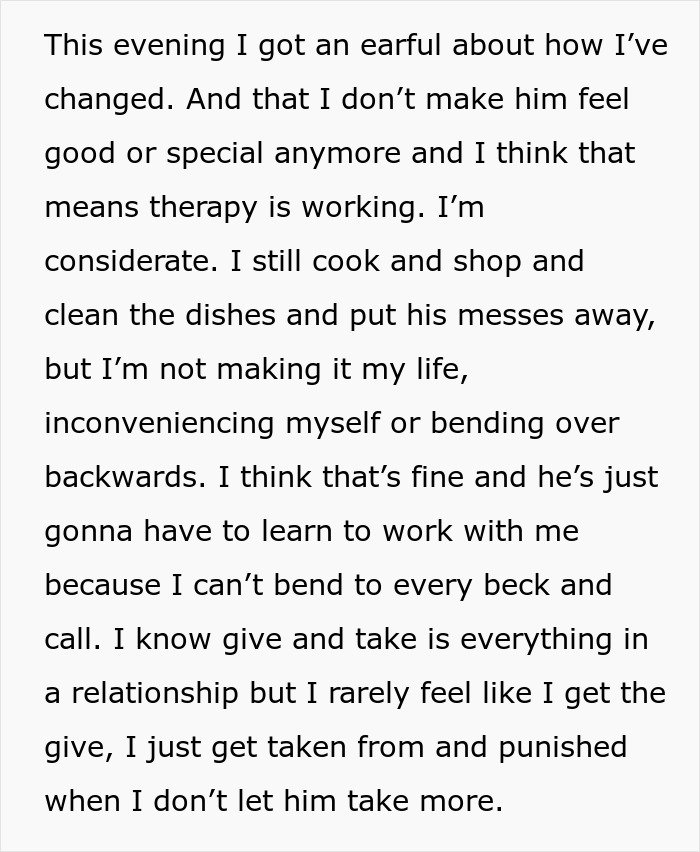 Text excerpt discussing a man taking advantage of his wife’s submissive nature as she starts standing up for herself.