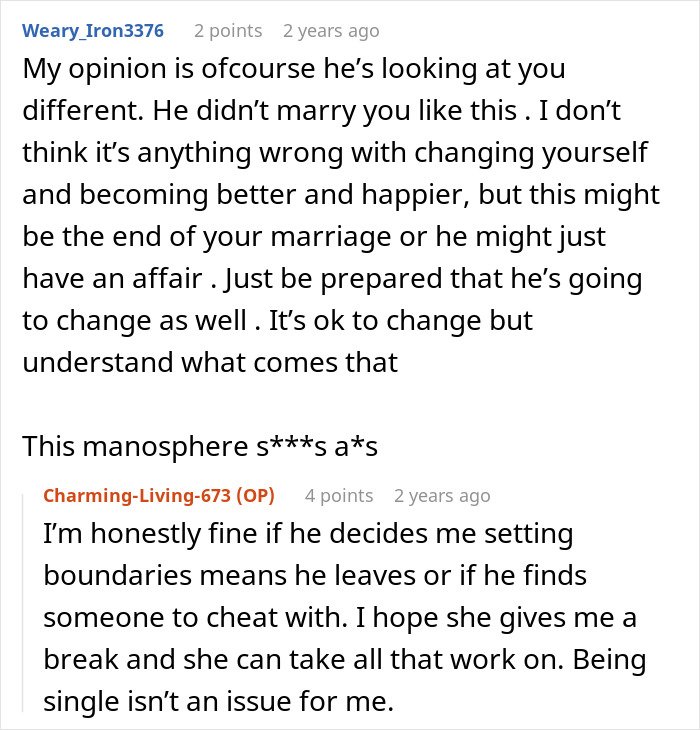 Screenshot of an online discussion about a man taking advantage of his wife’s submissive nature and her standing up for herself.