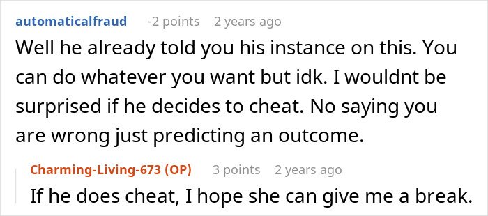 Screenshot of an online discussion about a man taking advantage of his wife’s submissive nature and relationship trust issues.