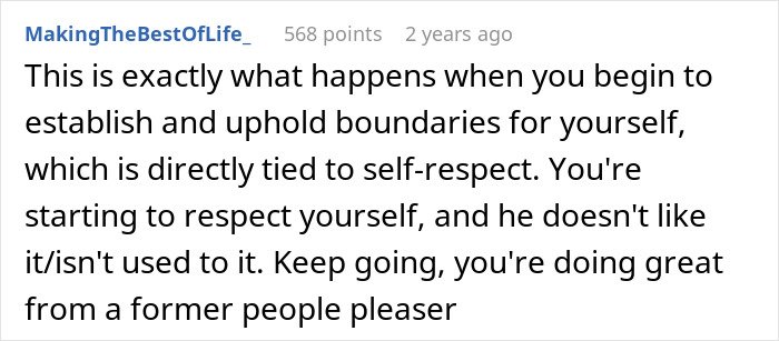 Comment about a man taking advantage of wife’s submissive nature and her standing up for herself, promoting self-respect.