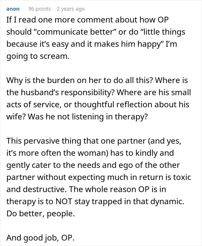 Screenshot of an online comment discussing toxic relationships and the man taking advantage of wife’s submissive nature.