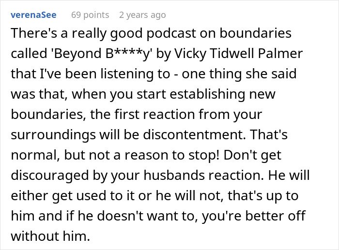 Comment about boundaries and husband’s reaction after wife stands up for herself in a submissive relationship.