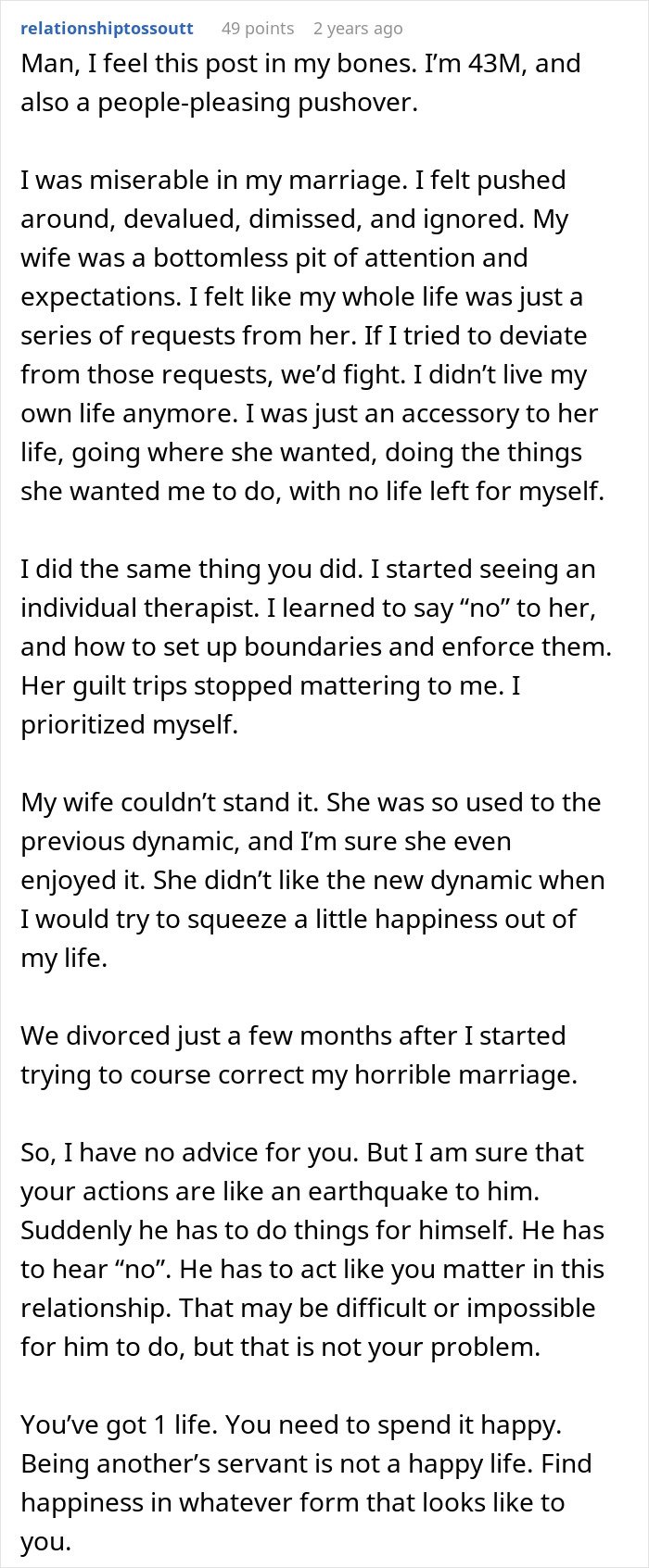 Man describes feeling pushed around in marriage due to wife’s submissive nature, then standing up for himself.
