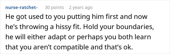 Comment highlighting a man taking advantage of his wife’s submissive nature and reacting negatively when she asserts boundaries.