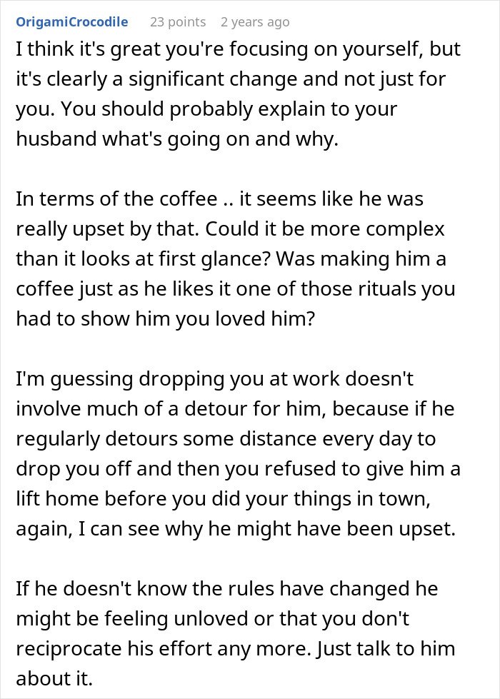 Screenshot of an online comment discussing a man taking advantage of his wife’s submissive nature and relationship dynamics.