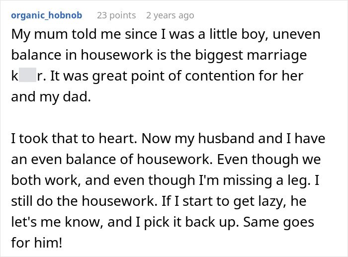 Comment about housework balance highlighting issues when a man takes advantage of wife’s submissive nature.