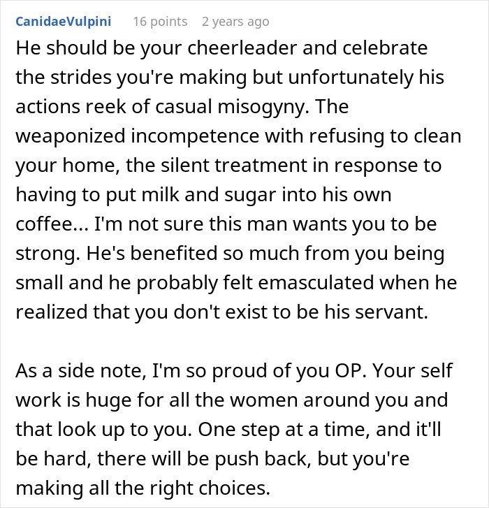 Comment text discussing a man taking advantage of a wife’s submissive nature and her standing up for herself.