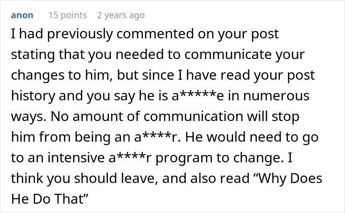 Screenshot of an online comment discussing a man taking advantage of his wife’s submissive nature and relationship advice.
