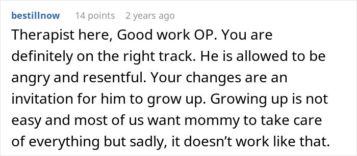 Comment discussing a therapist praising progress amid a man taking advantage of wife’s submissive nature and her standing up.