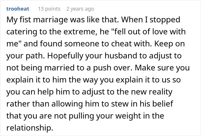 Comment about man taking advantage of wife’s submissive nature and her standing up for herself in a relationship.