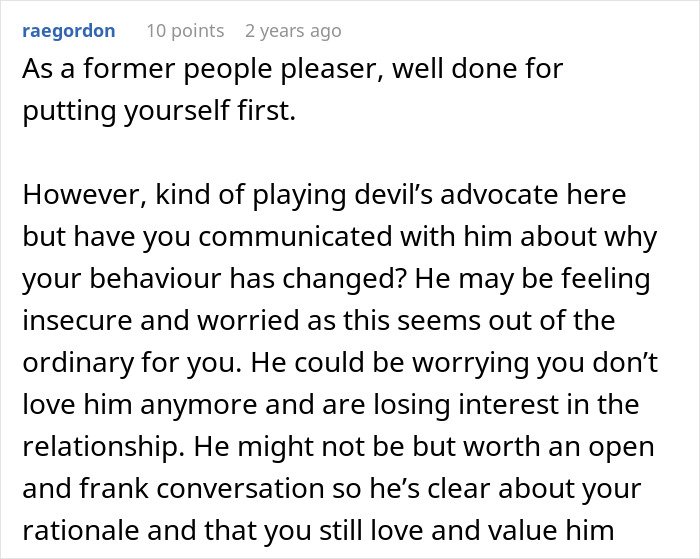 Comment discussing a wife’s submissive nature and a man’s reaction after she stands up for herself in a relationship.