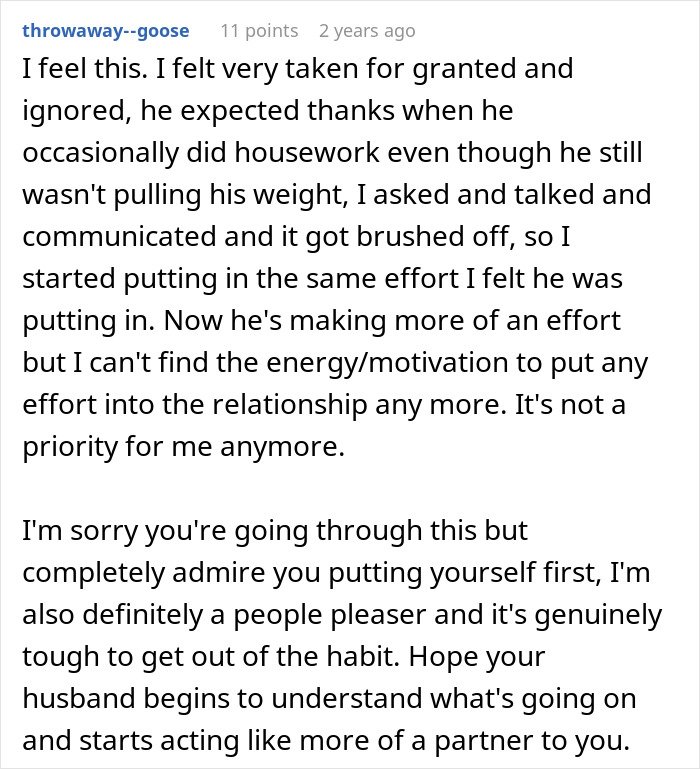 Comment expressing feelings about taking advantage of wife’s submissive nature and standing up for herself in marriage.