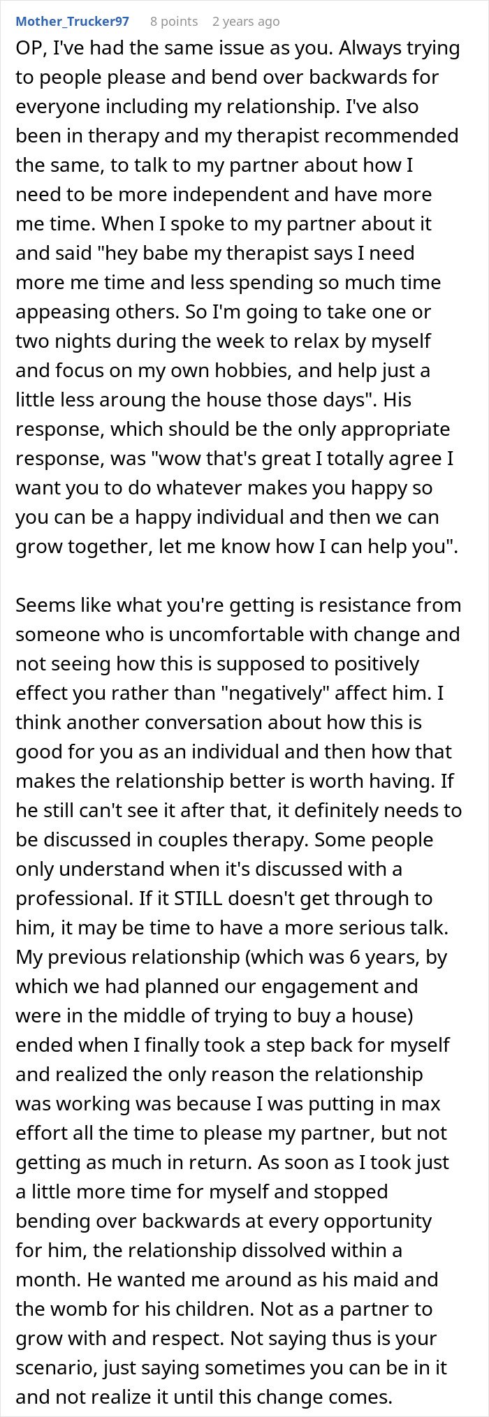 Comment about a man taking advantage of wife’s submissive nature and the impact when she stands up for herself.