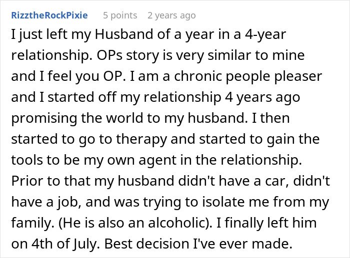 Comment sharing experience about a husband taking advantage of wife’s submissive nature and her standing up for herself.