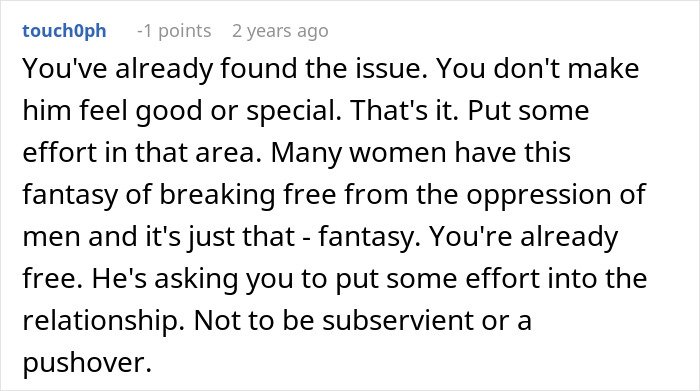 Screenshot of a forum comment discussing a man exploiting his wife’s submissive nature and relationship dynamics.