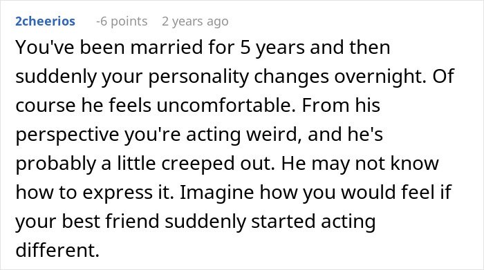 Screenshot of a forum comment discussing changes in personality after marriage and discomfort with assertiveness in relationships.