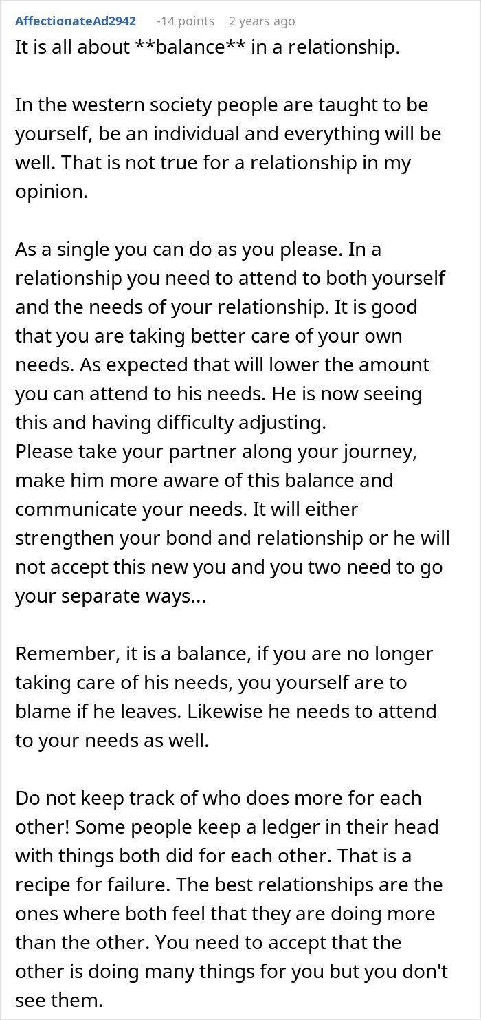Comment explaining balance in a relationship, addressing submissive nature and standing up for oneself issues.