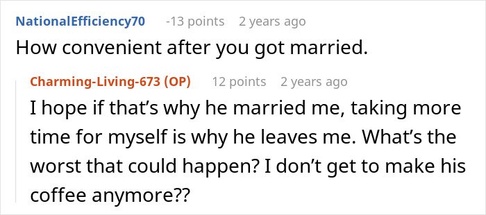 Screenshot of a forum discussion where a man takes advantage of wife’s submissive nature and reacts after she stands up for herself.