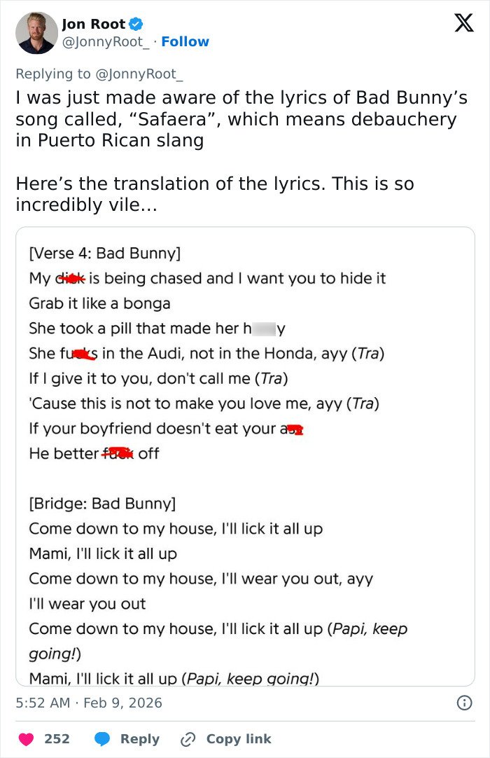 Tweet showing a translation of Bad Bunny’s explicit lyrics sparking a heated debate among Super Bowl fans.