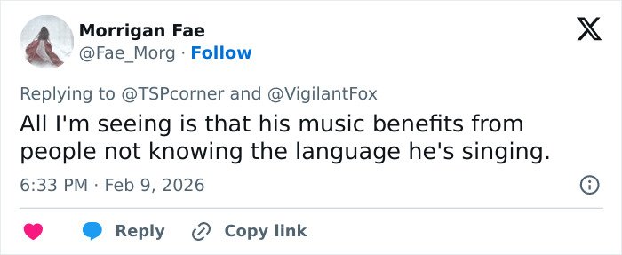 Social media user discussing heated debate over Super Bowl fans translating Bad Bunny's explicit lyrics.