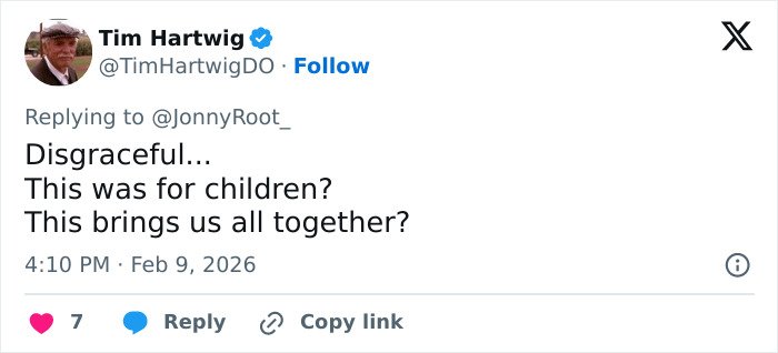 Screenshot of a social media reply criticizing explicit lyrics, highlighting a heated debate after Super Bowl fans translate Bad Bunny's words.