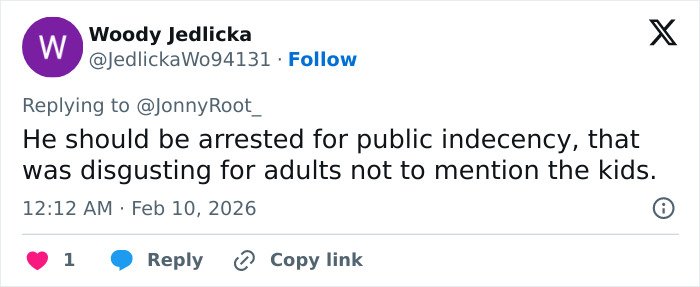 Screenshot of a tweet criticizing Bad Bunny's explicit lyrics causing a heated debate among Super Bowl fans.