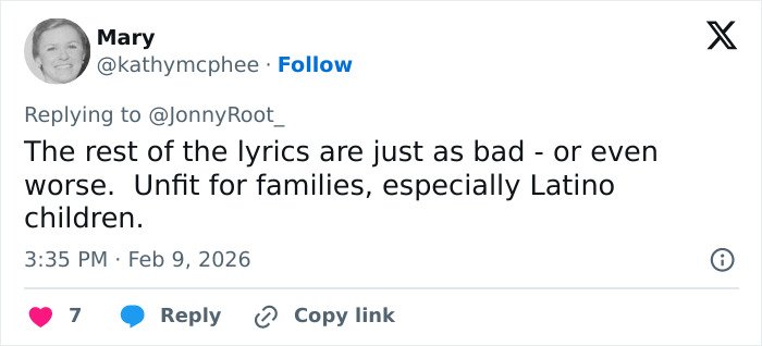 Social media user Mary criticizes explicit Bad Bunny lyrics, sparking heated debate after Super Bowl fans translate content.