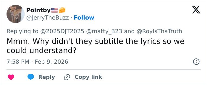 Tweet from user questioning why Bad Bunny's lyrics were not subtitled for better understanding during Super Bowl debate.