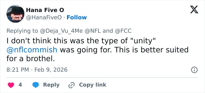 Tweet criticizing NFL and FCC over explicit Bad Bunny lyrics, sparking heated debate among Super Bowl fans on social media.