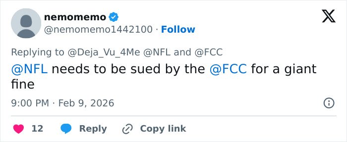 Tweet referencing NFL and FCC amid heated debate after Super Bowl fans translate Bad Bunny's explicit lyrics.