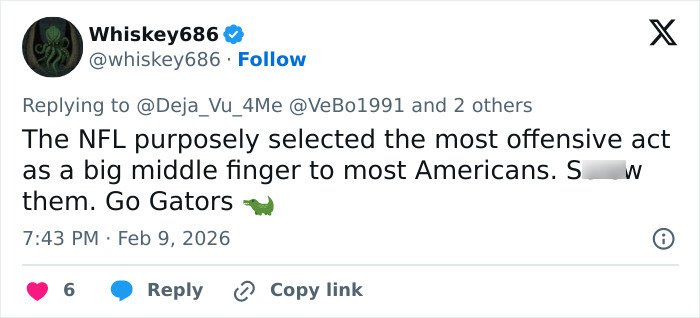 Tweet showing heated debate by Super Bowl fans reacting to Bad Bunny's explicit lyrics translation and NFL performance choice.