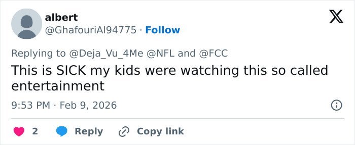 Screenshot of a Twitter user expressing concern about explicit lyrics during Super Bowl entertainment debate.