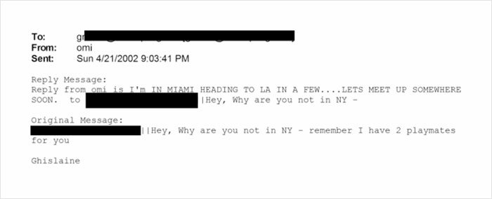 Email excerpt showing Ghislaine Maxwell offering two playmates, linked to Epstein files mentioning Naomi Campbell.