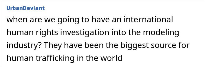 Comment by UrbanDeviant discussing the need for a human rights investigation into trafficking in the modeling industry.