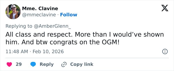 Tweet reply expressing respect and congratulations related to Amber Glenn amid backlash and threats over her beliefs.