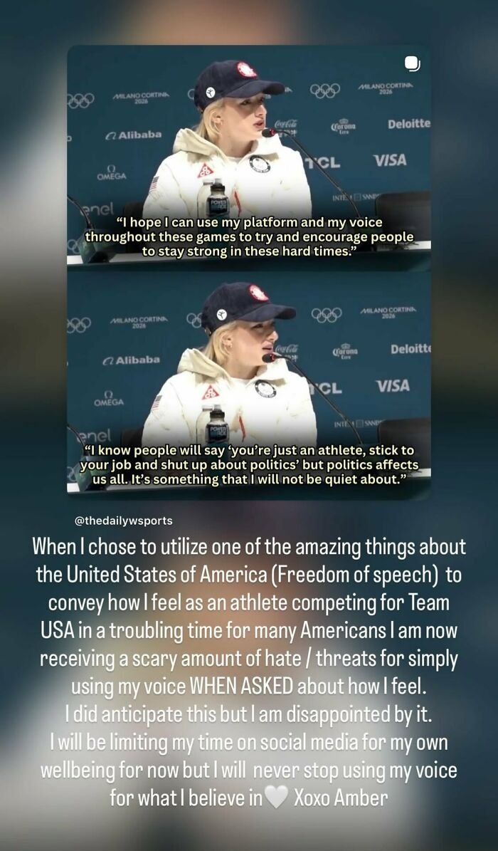 Amber Glenn speaking at a press conference about backlash and threats over her political beliefs as an athlete.