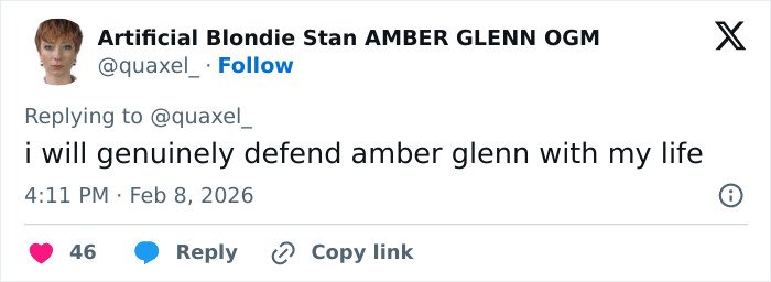 Screenshot of a social media post expressing strong support for Amber Glenn amidst backlash and threats over her beliefs.