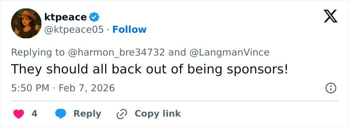 Tweet by user ktpeace responding to backlash and threats over Amber Glenn’s public beliefs, urging sponsors to withdraw support.