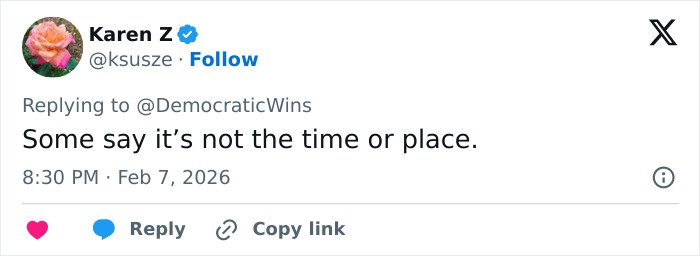 A tweet from Karen Z replying to DemocraticWins, discussing backlash and threats over beliefs on social media.