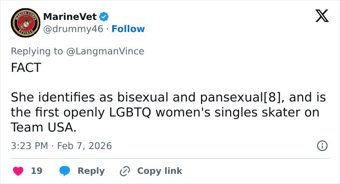 Tweet highlighting Amber Glenn as the first openly LGBTQ women's singles skater on Team USA facing backlash and threats.