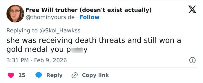 Screenshot of a tweet referencing Amber Glenn facing death threats and overcoming backlash to win a gold medal.