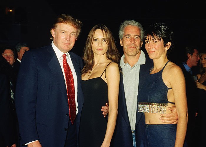 Donald Trump, Jeffrey Epstein, and two women posing at a social event related to Epstein investigation keywords.
