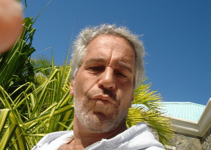 Close-up of Epstein outdoors with palm trees and blue sky, relating to Trump's 2006 call about Epstein investigation.