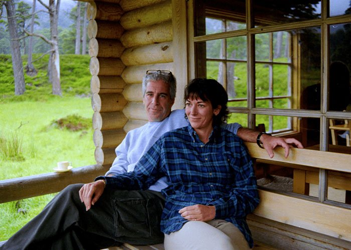 Jeffrey Epstein and Ghislaine Maxwell sitting together outside a wooden cabin, linked to FBI investigation documents.